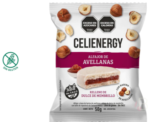 ALFAJOR DE AVELLANAS CON DULCE DE MEMBRILLO Y CHOCO BLANCO x 50 GRS CELIENERGY
