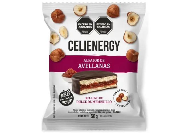ALFAJOR DE AVELLANAS CON DULCE DE MEMBRILLO Y CHOCO NEGRO x 50 GRS CELIENERGY