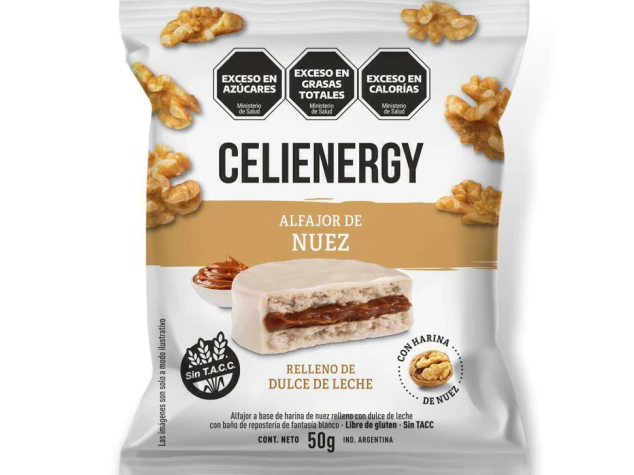ALFAJOR DE NUEZ CON DULCE DE LECHE Y CHOCO BLANCO x 50 GRS CELIENERGY