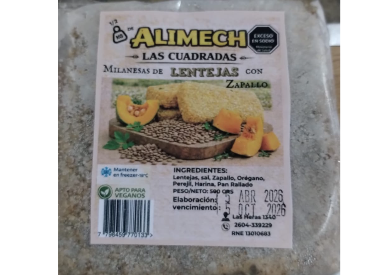 MILANESAS DE LENTEJAS CON ZAPALLO  x 500 GRS ALIMECH