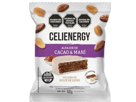 ALFAJOR DE CACAO Y MANI CON DULCE DE LECHE Y CHOCO BLANCO x 50 GRS CELIENERGY