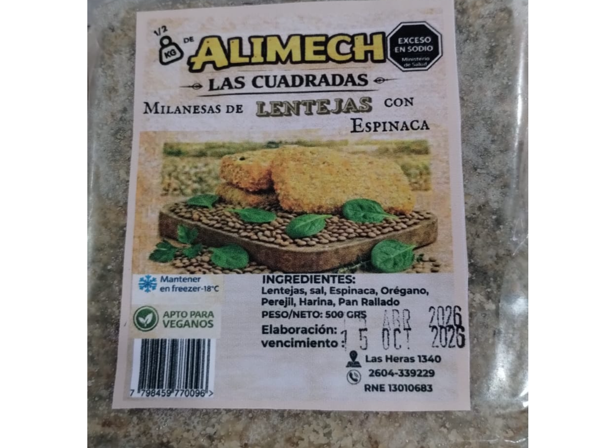 MILANESAS DE LENTEJAS CON ESPINACA x 500 GRS ALIMECH