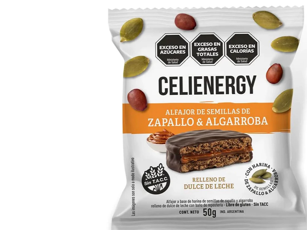 ALFAJOR DE ZAPALLO Y ALGARROBA CON DULCE DE LECHE Y CHOCO NEGRO CELIENERGY x 50 GRS