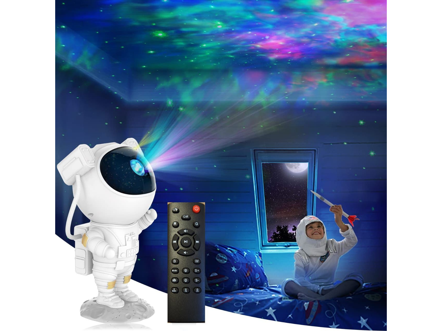 VELADOR ASTRONAUTA CON PROYECCION DE GALAXIA Y PARLANTE BT