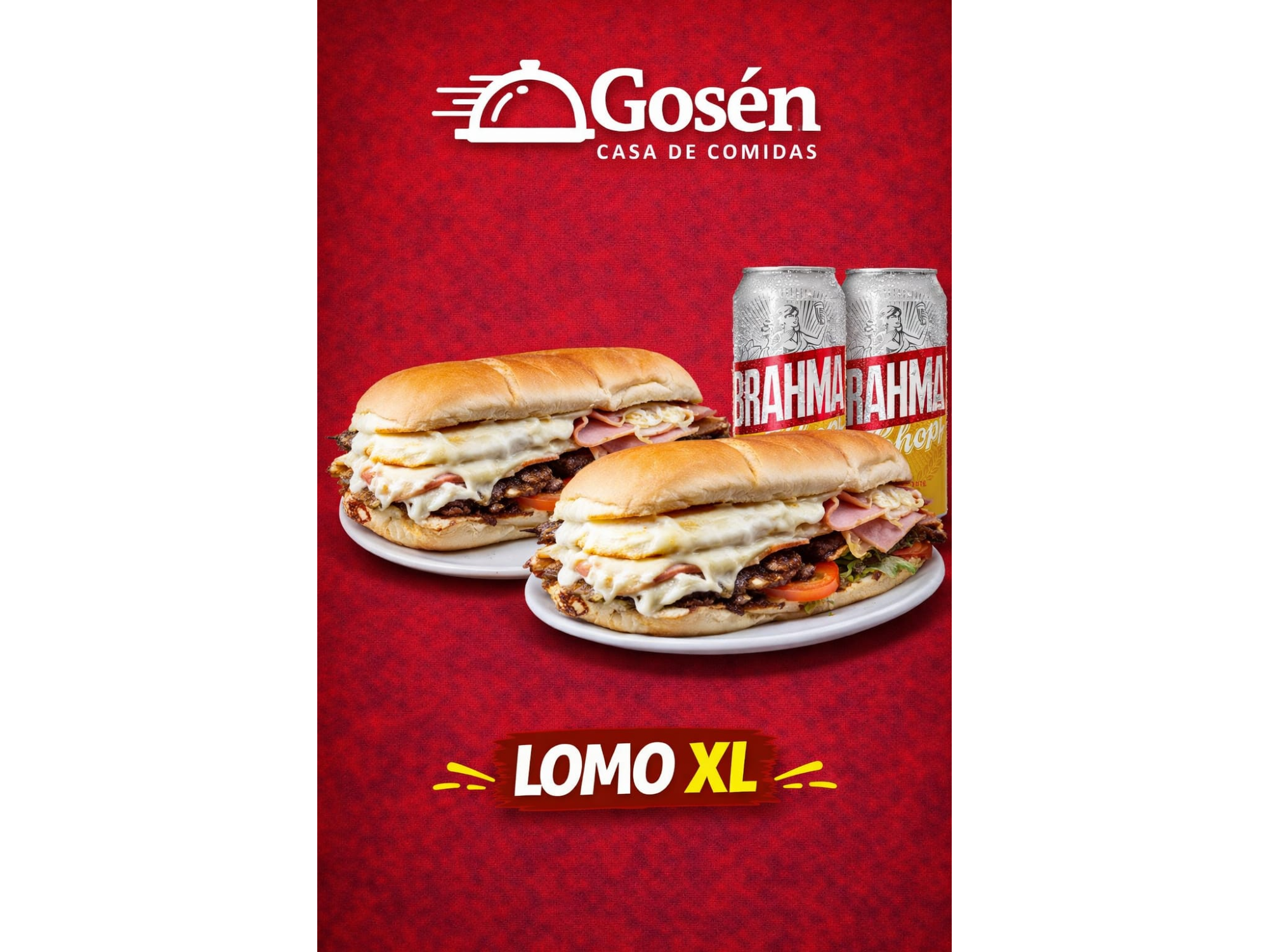 PROMO 2 Lomito Completos XL + 2 Papas fritas + 2 LATAS BRAHAMA REGALO !