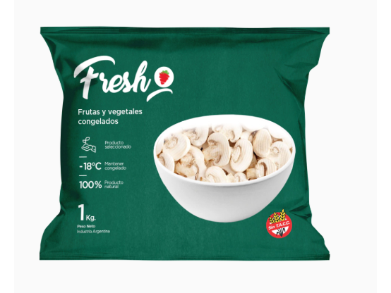 Champiñón laminado congelado IQF, bulto 10 x 1 kg.