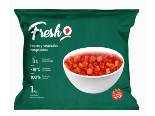 Morrón rojo cubeteado congelado IQF, bulto 10 x 1 kg.