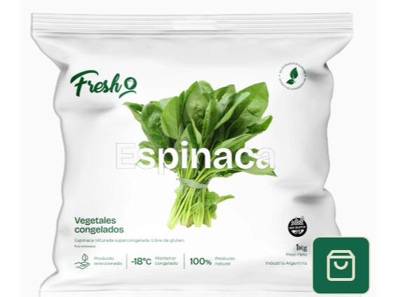Espinaca congelada IQF, bulto 10 x 1 kg.