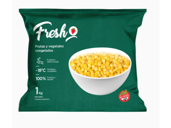 Choclo desgranado congelado IQF, bulto 10 x 1 kg.