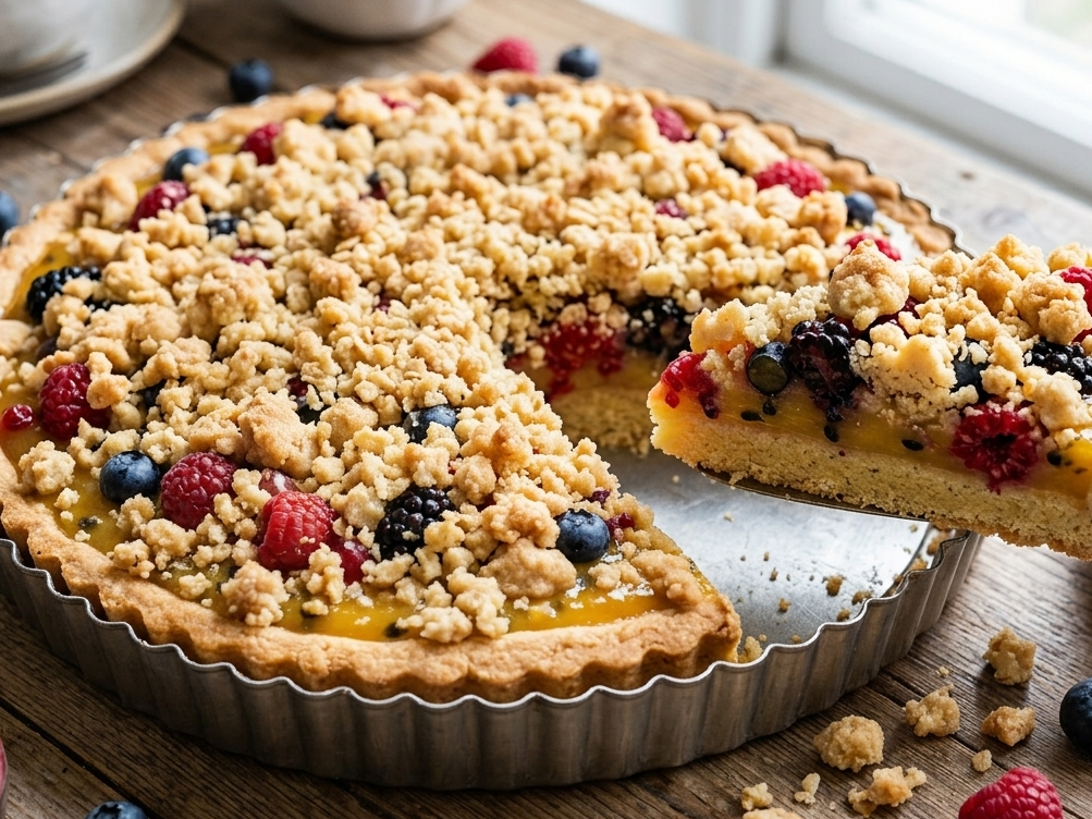 Tarta de maracuyá y frutos rojos