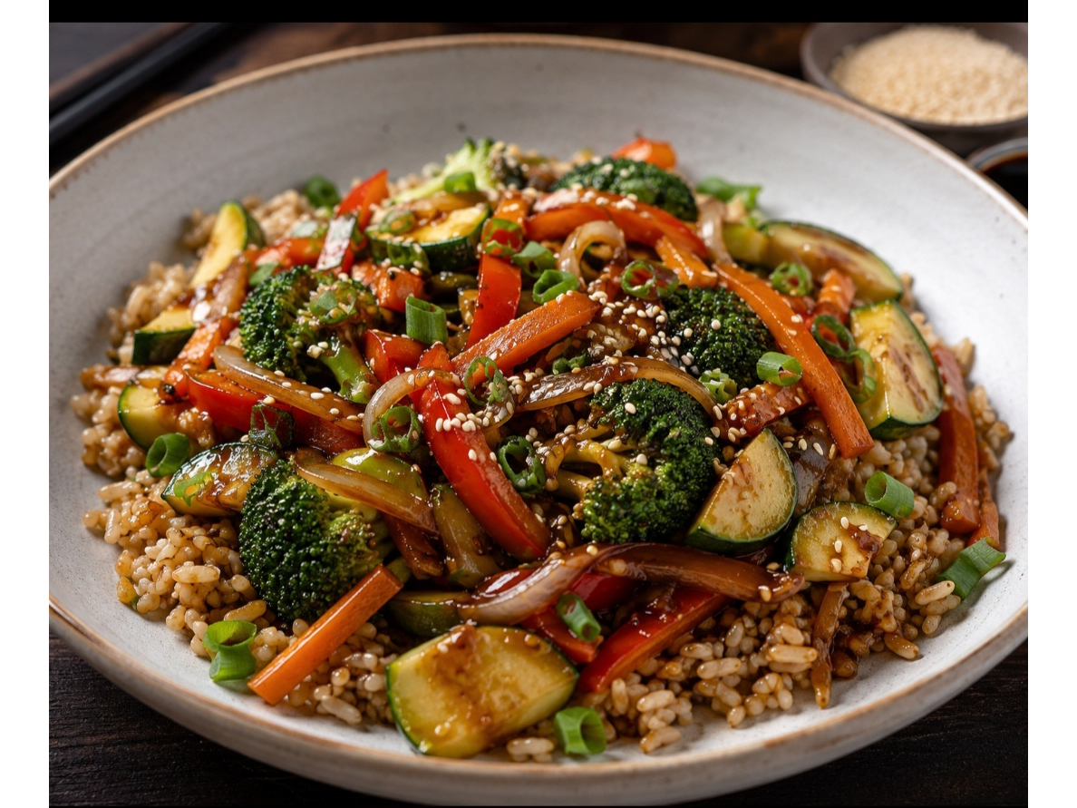 Wok de vegetales con arroz yamaní y salsa de soja