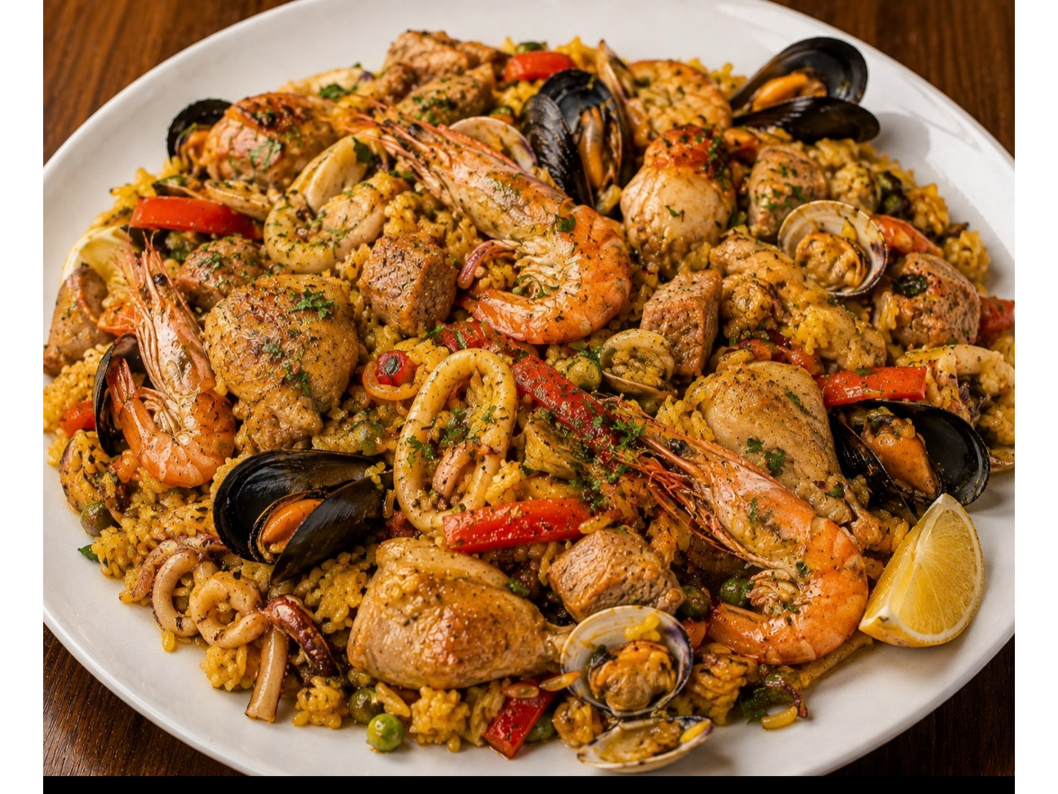 Paella de mariscos y pollo