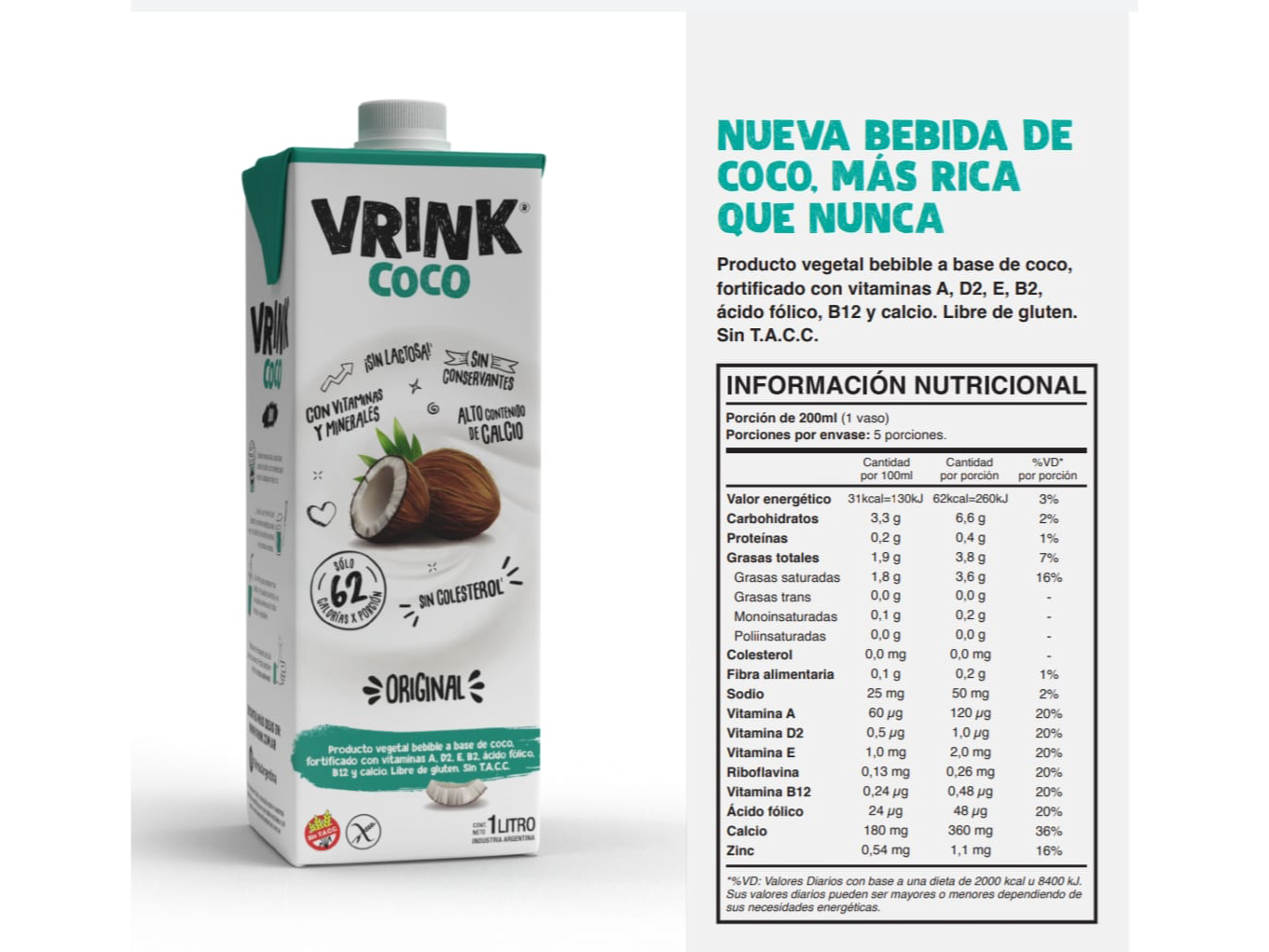 Bebida de COCO ORIGINAL SIN AZUCAR VRINK x 1Lt