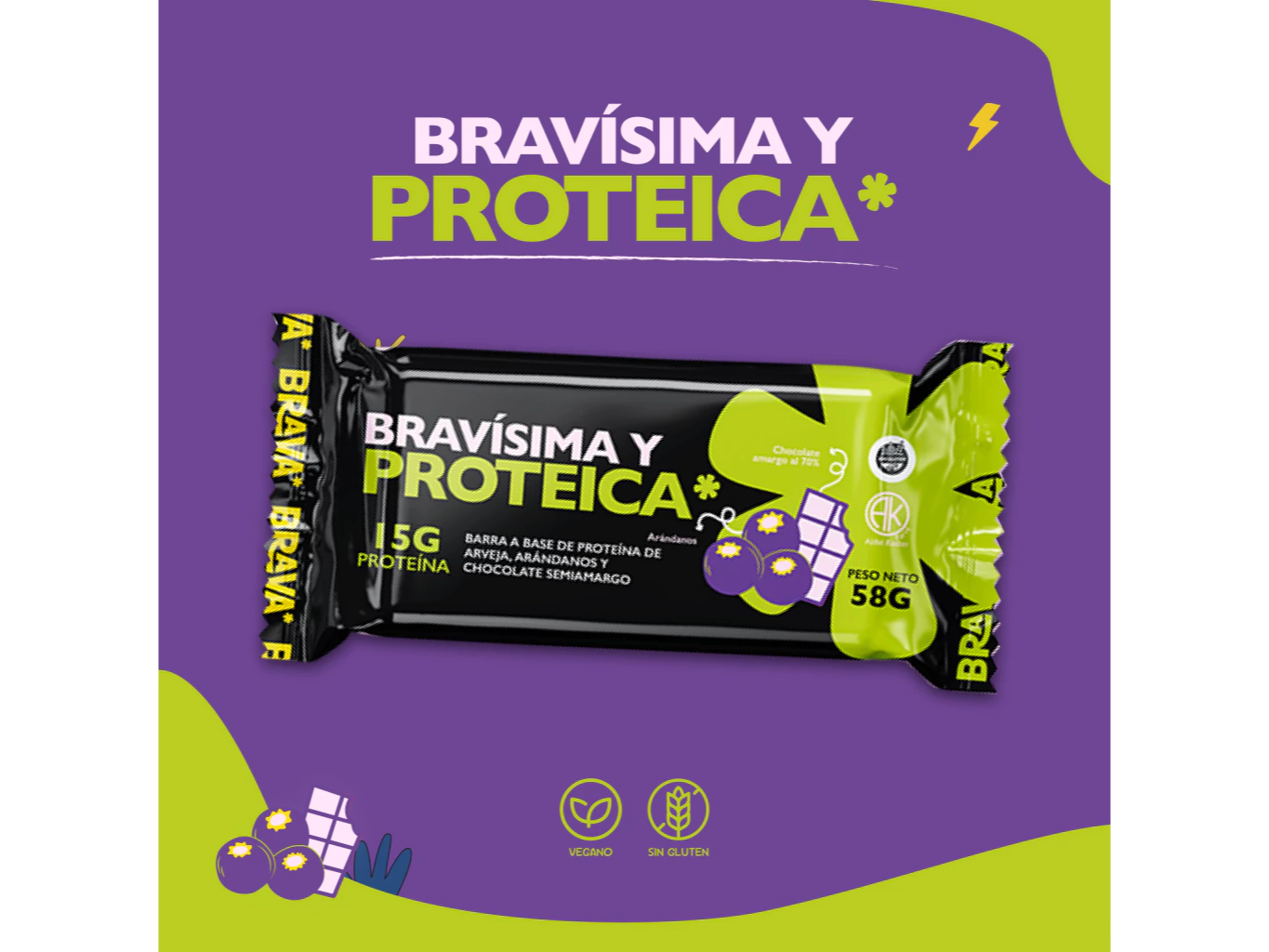 Barrita Proteica Arandanos y Cacao Amargo 58gr Brava