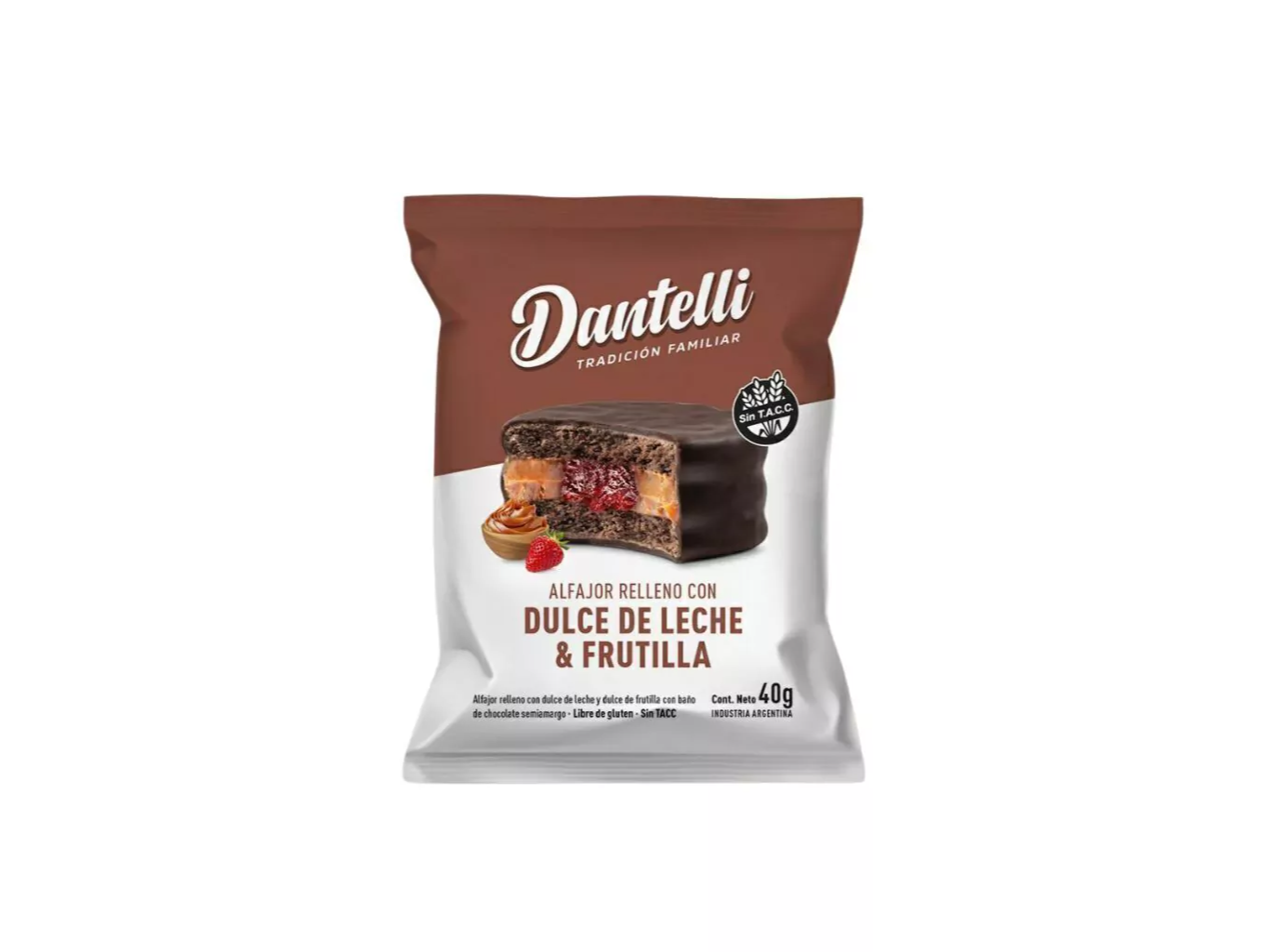 Alfajor Negro Sin Tacc Relleno de DDL y Frutilla Dantelli 40gr