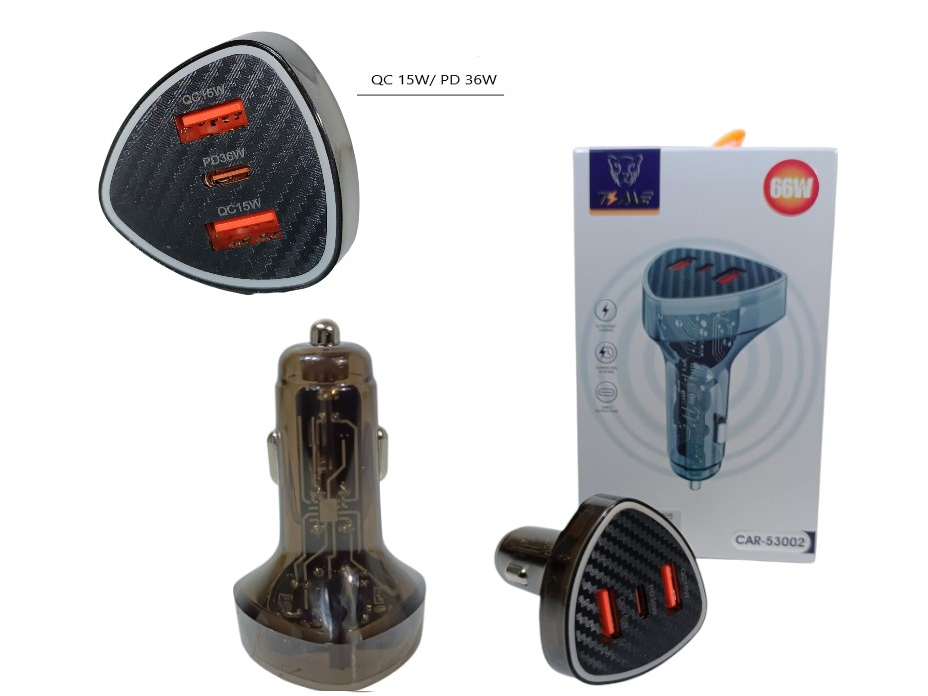 CARGADOR DE AUTO TRANSPARENTE CARGA RAPIDA PD 66W