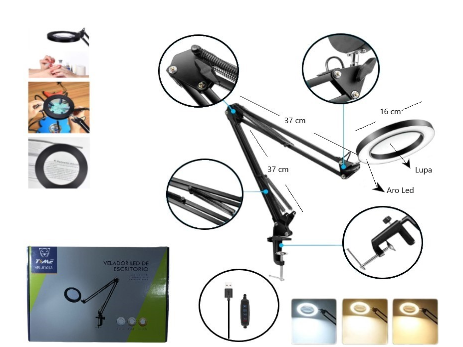 VELADOR LED ARTICULADA CON LUPA 3 TONOS