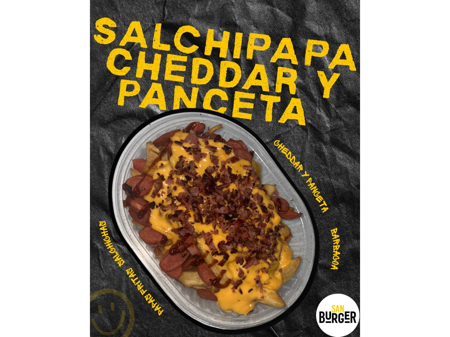 SALCHIPAPA CON CHEDDAR Y PANCETA