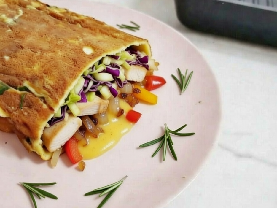 2. Rap relleno de pollo, repollo bicolor, cebolla pimientos y salsa de queso.