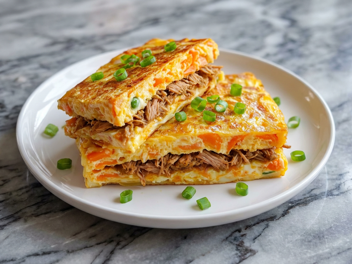 8. Pastel de zanahoria, cebollas y calabacines relleno con desmenuzado de cerdo.