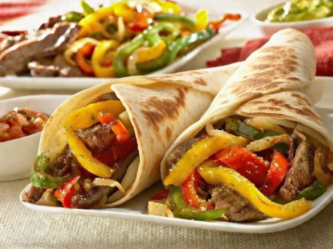 5. Fajitas de carne con cebolla y pimiento bicolor.