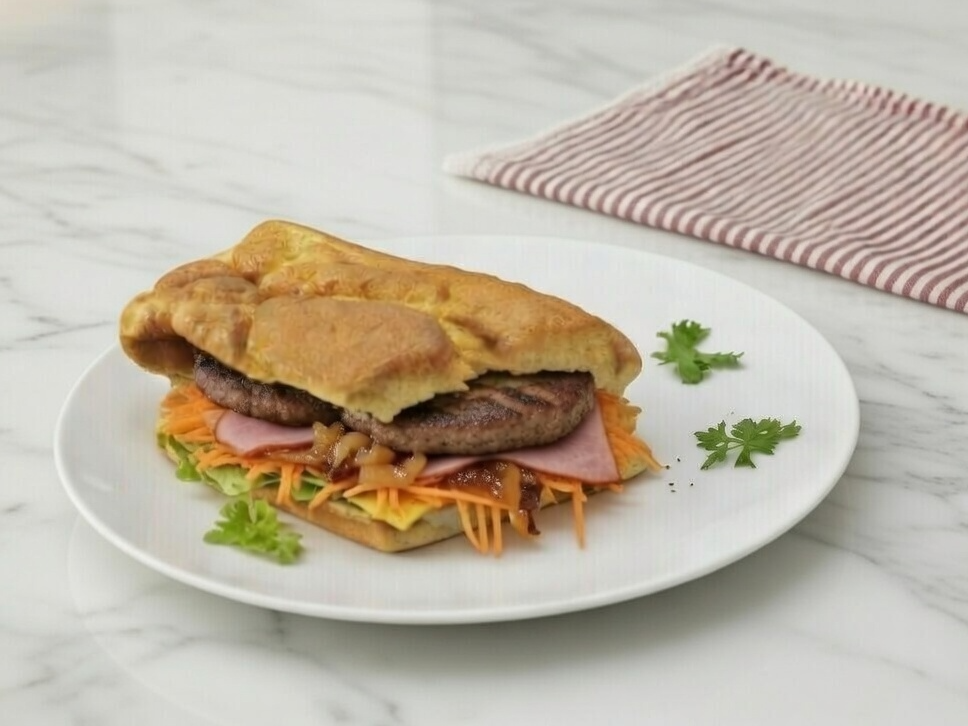 1. Hamburguesas (dos) en pan nube con jamón, queso y cebolla y zanahoria rallada.