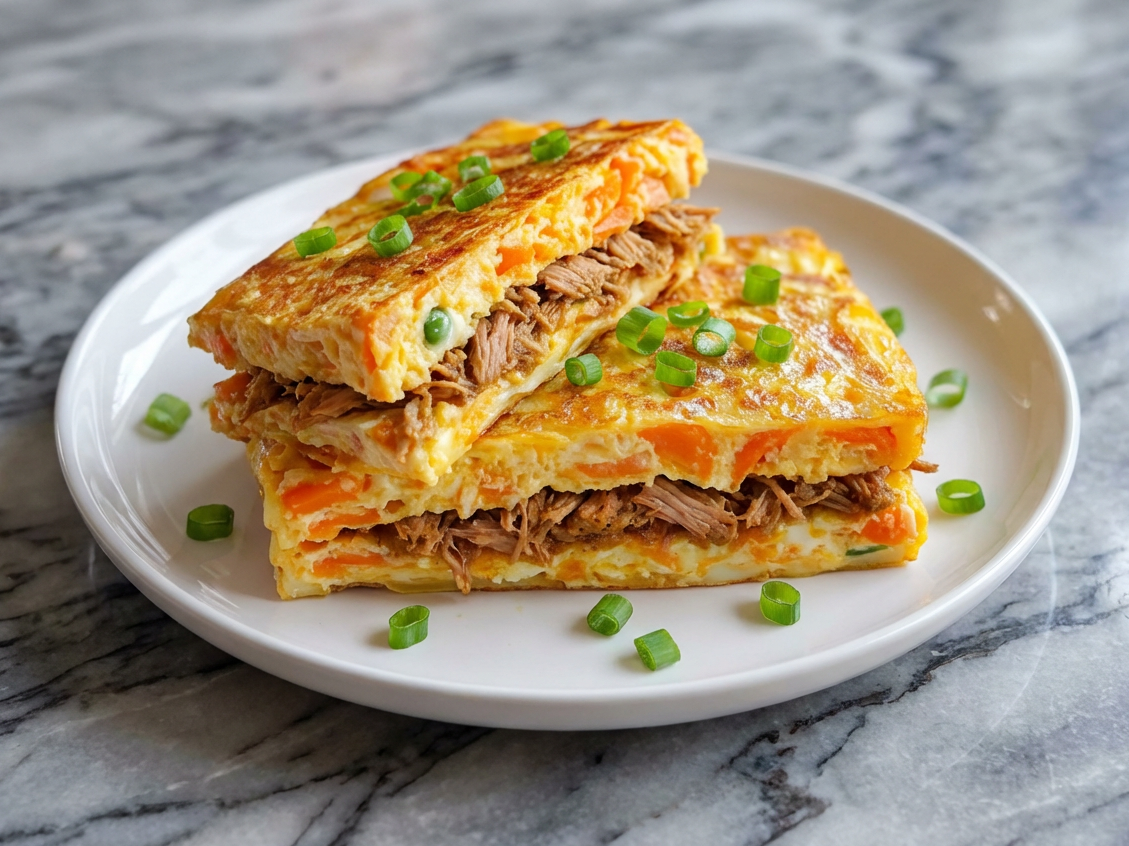 8. Pastel de zanahoria, cebollas y calabacines relleno con desmenuzado de cerdo.