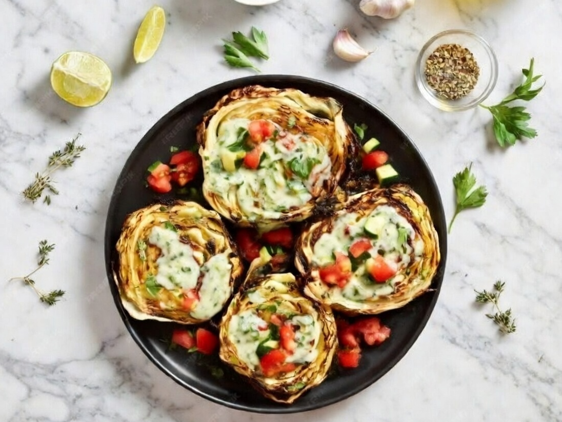 19. Torta de repollo asado con tomates, zucchini y crema de puerros.
