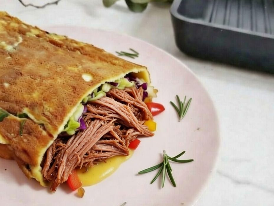 2. Wrap relleno de cerdo, repollo bicolor, cebolla, zanahoria y salsa de queso.