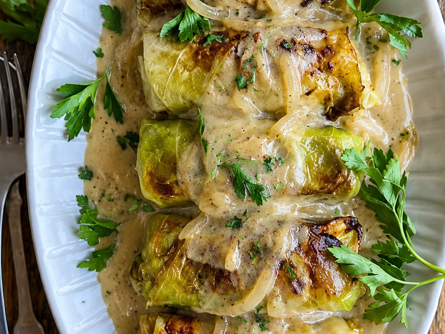 18. Niños envueltos de verduras asadas y crema de cebolla.