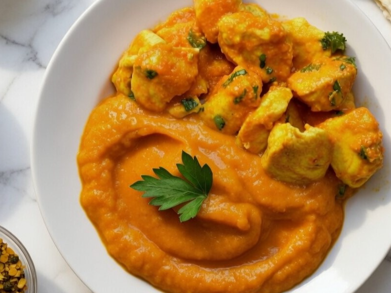 6. Pollo al disco con puré de calabacín.