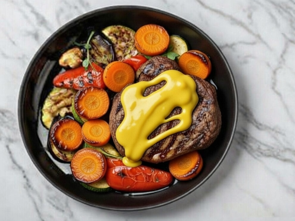 3. Bifes de cerdo a la mostaza con verduras asadas.