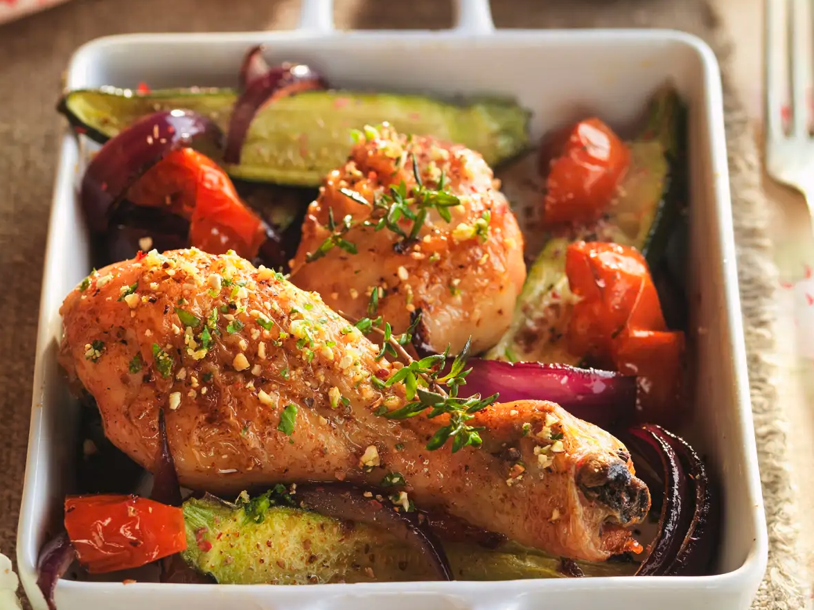10. Pata muslo con mix de verduras asadas