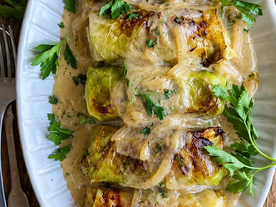 18. Niños envueltos de verduras asadas y crema de cebolla.