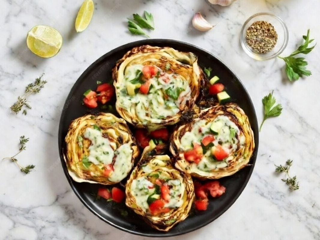 19. Torta de repollo asado con tomates, zucchini y crema de puerros.