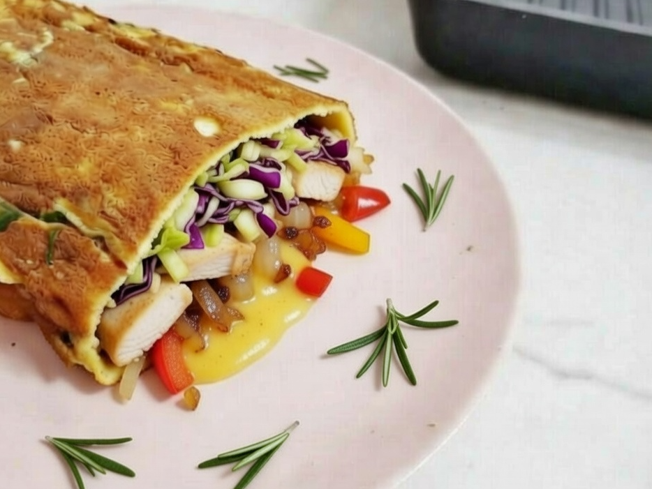 2. Rap relleno de pollo, repollo bicolor, cebolla pimientos y salsa de queso.