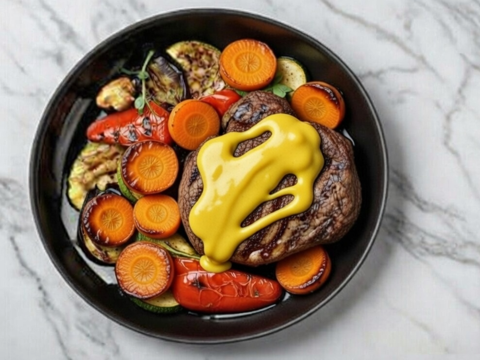 3. Bifes de cerdo a la mostaza con verduras asadas.