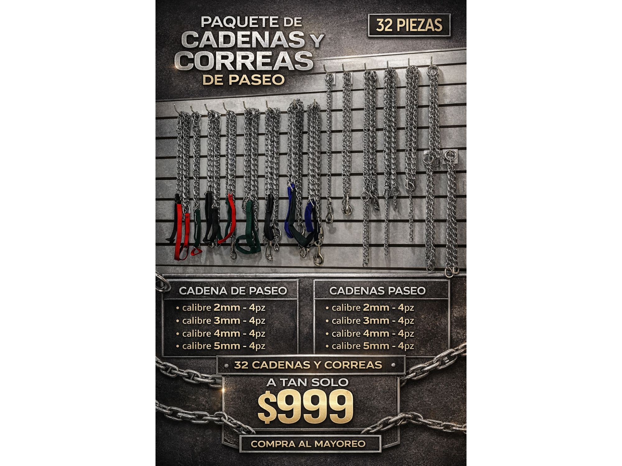 PAQUETE CADENAS 32 PZ + 12 COLLARES CON CASCABEL CHICOS