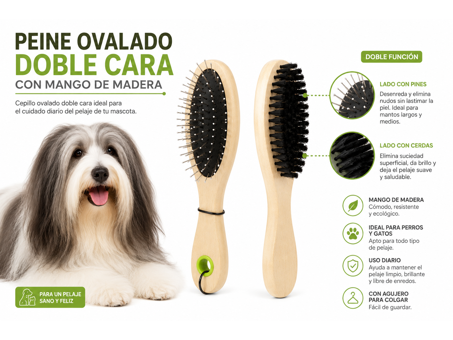PEINE OVALADO DOBLE CARA CON MANGO DE MADERA 11073