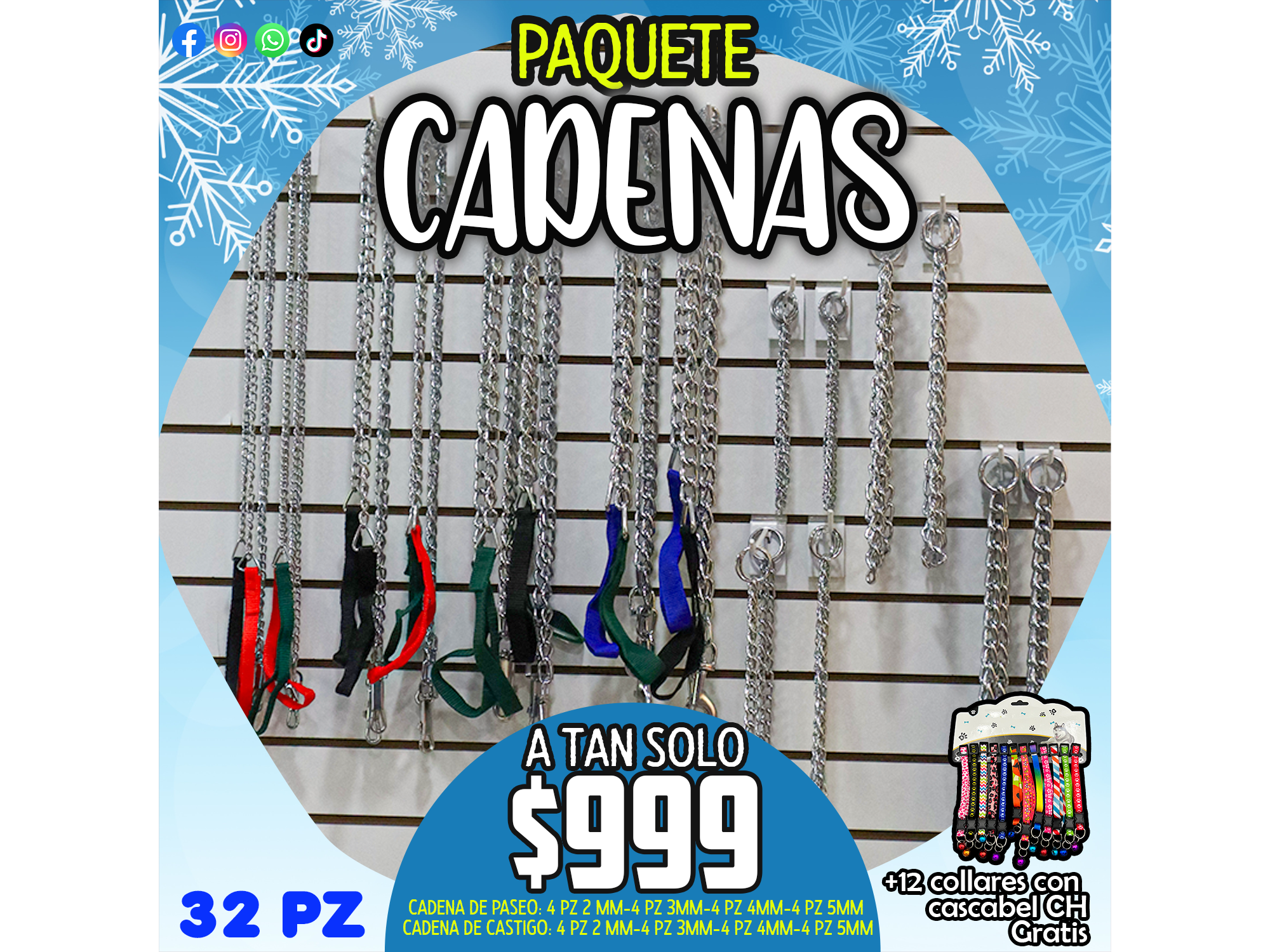 PAQUETE CADENAS 32 PZ + 12 COLLARES CON CASCABEL CHICOS