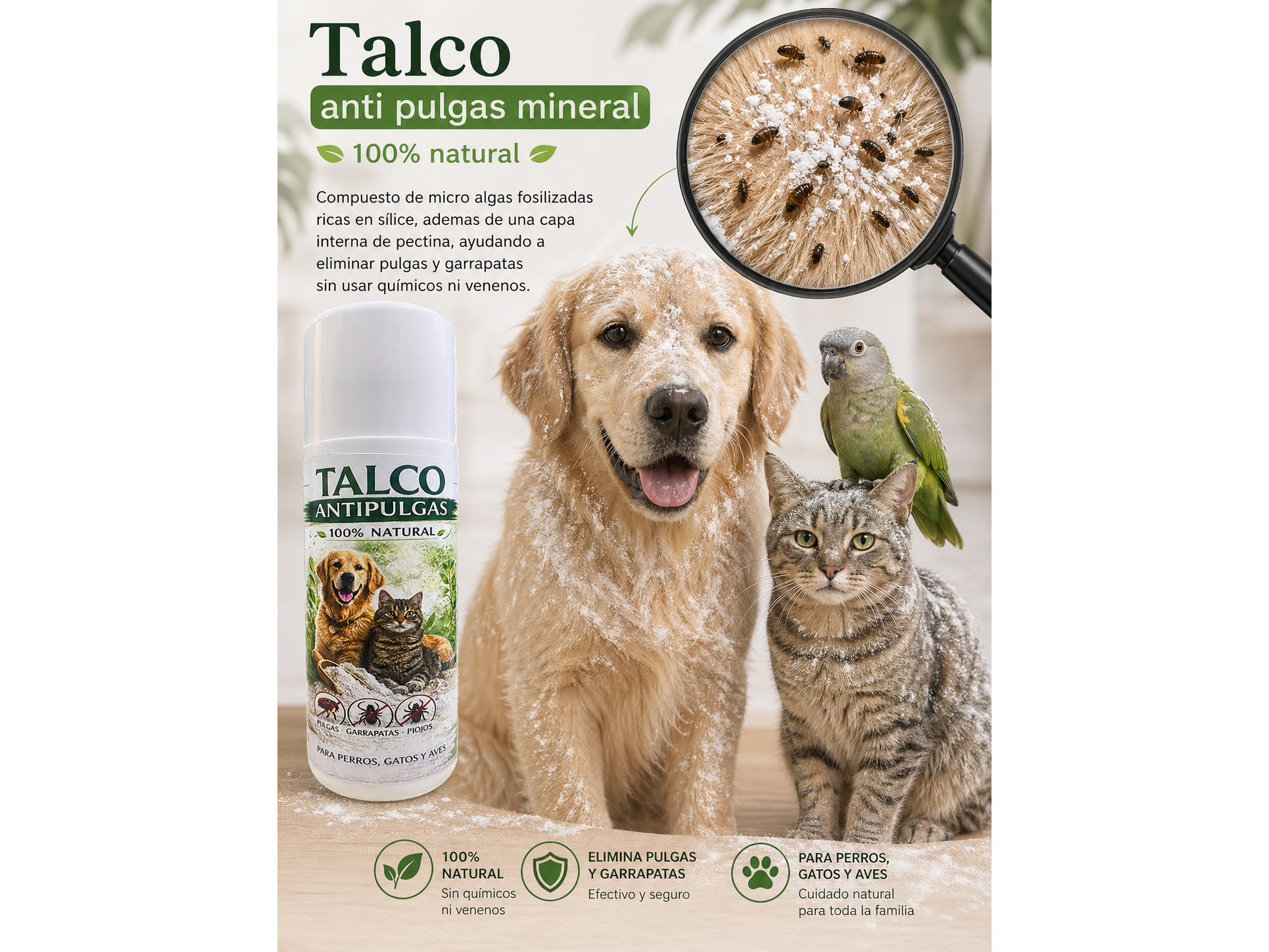 TALCO ANTIPULGAS NATURAL PARA PERROS, GATOS Y AVES 100 GR TANALTU