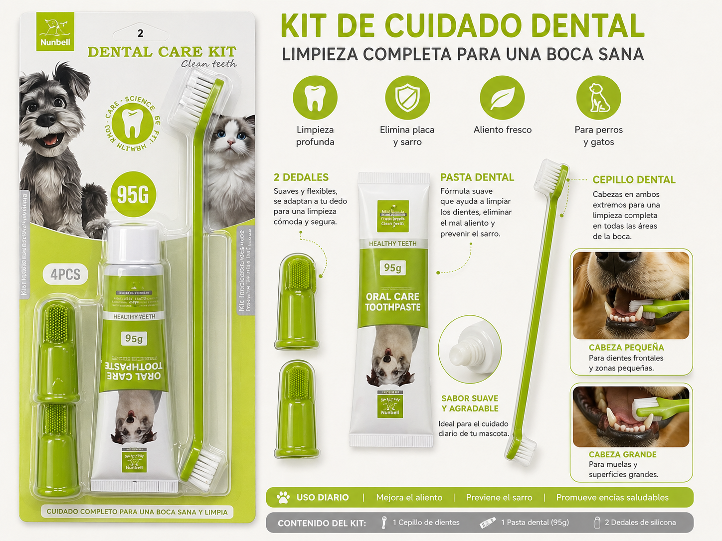 KIT DENTAL NUNBELL 4 PZAS (PASTA, CEPILLO 2 DEDAL)