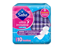 toalla sanitaria saba ultra invisible nocturna con alas 10pz