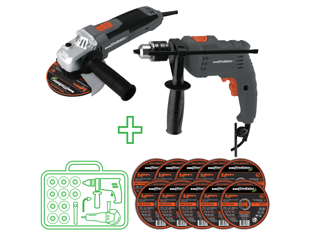 Kit amoladora taladro y discos - Gladiator