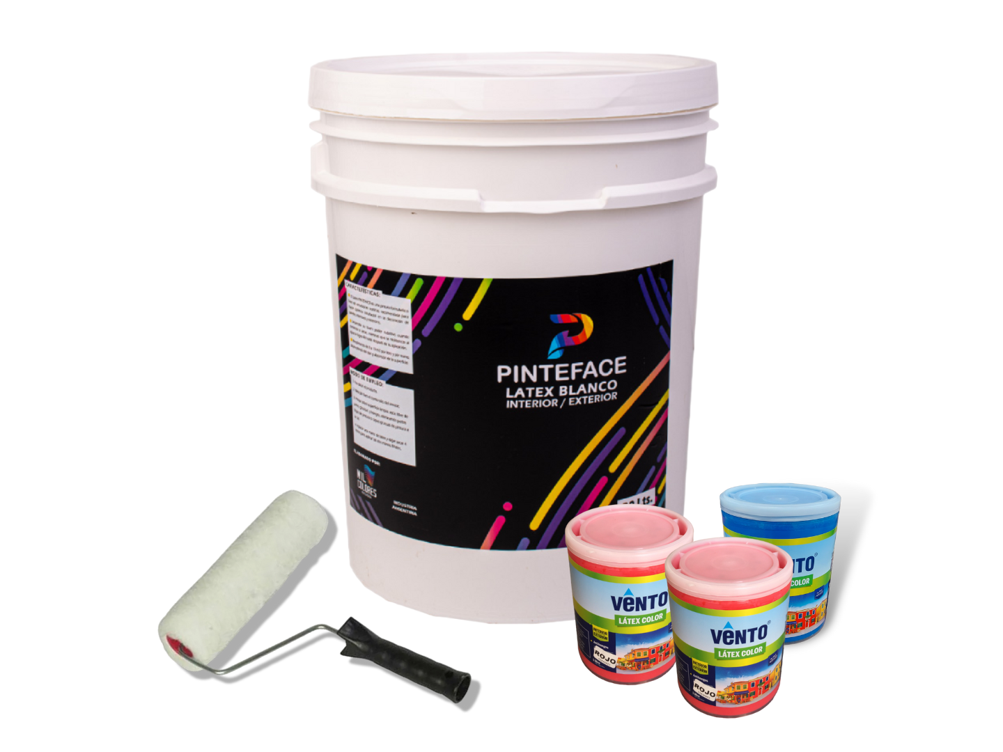Promo latex blanco 20 lts pinteface, rodillo y  3 latex color Vento