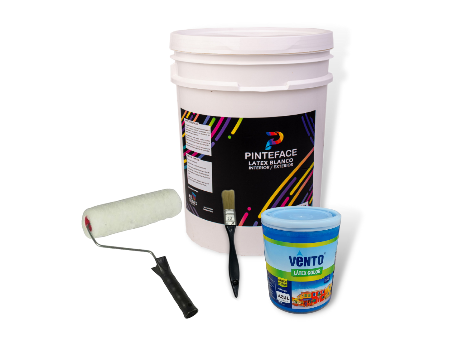 Promo latex blanco 20 lts pinteface, rodillo, pincel y latex color Vento