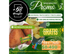 PROMO 3: 1TRUTO CORTO+1 TRUTO LARGO+ 200GRS DE PAPAS FRITAS+BEBIDA MINI