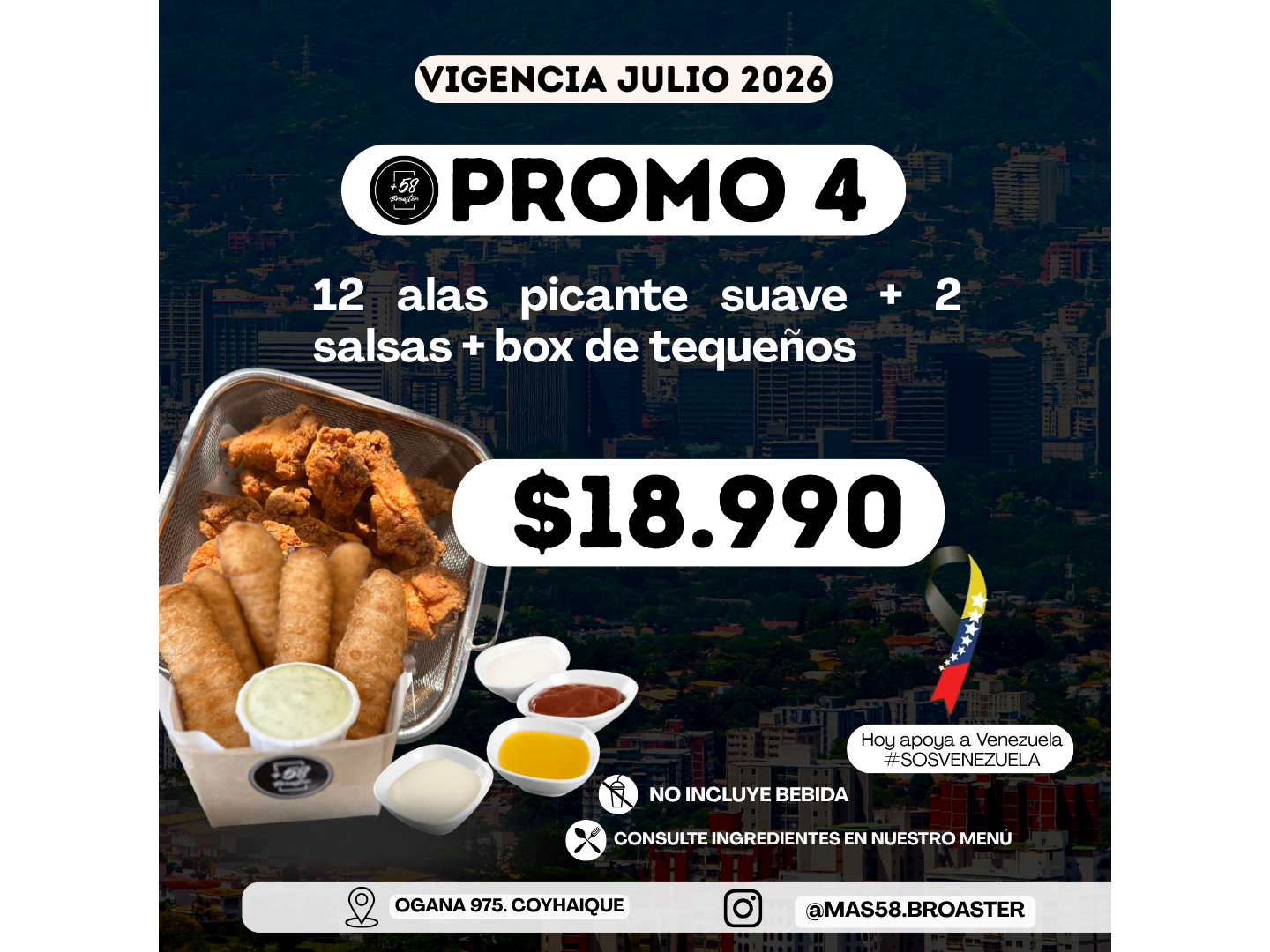 PROMO 4: 12 ALITAS PICANTES +BOX DE TEQUEÑOS + 2 SALSAS DE LA CASA