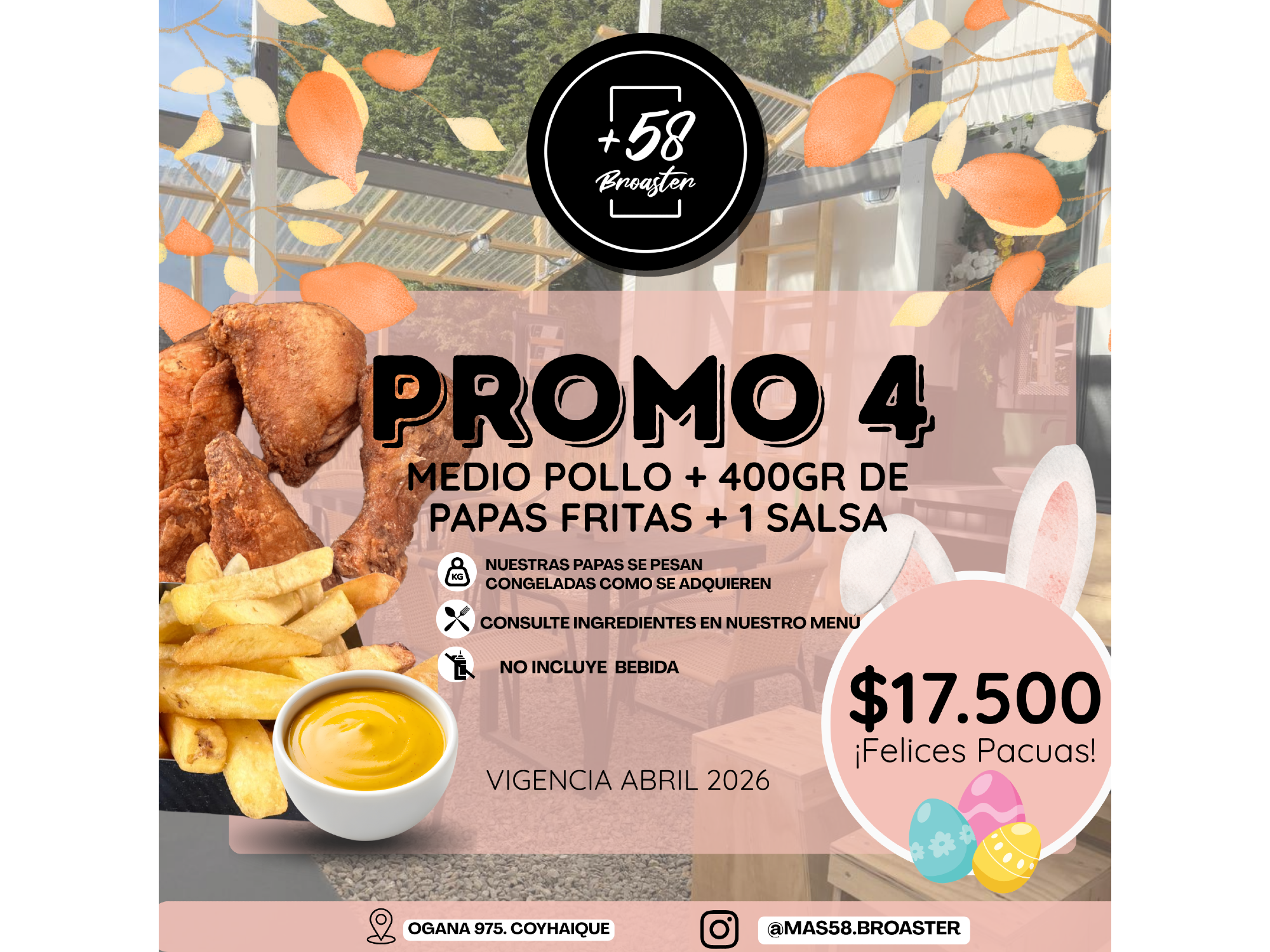 PROMO 4:  MEDIO POLLO A LA BROASTER +400GRS PAPAS FRITAS + 1 SALSA DE LA CASA