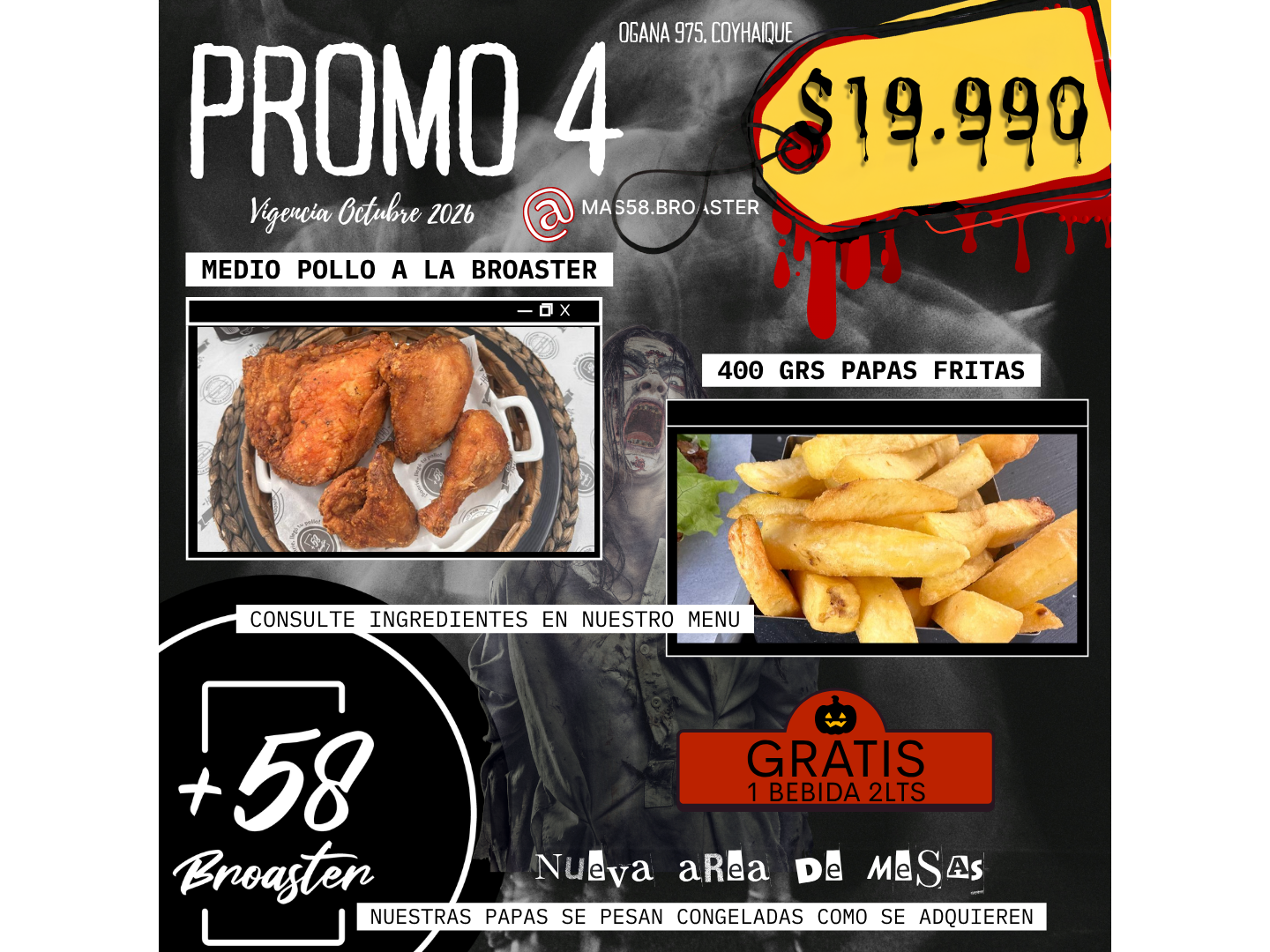 PROMO 4:  MEDIO POLLO A LA BROASTER +400GRS PAPAS FRITAS + 1 BEBIDA 2LTS